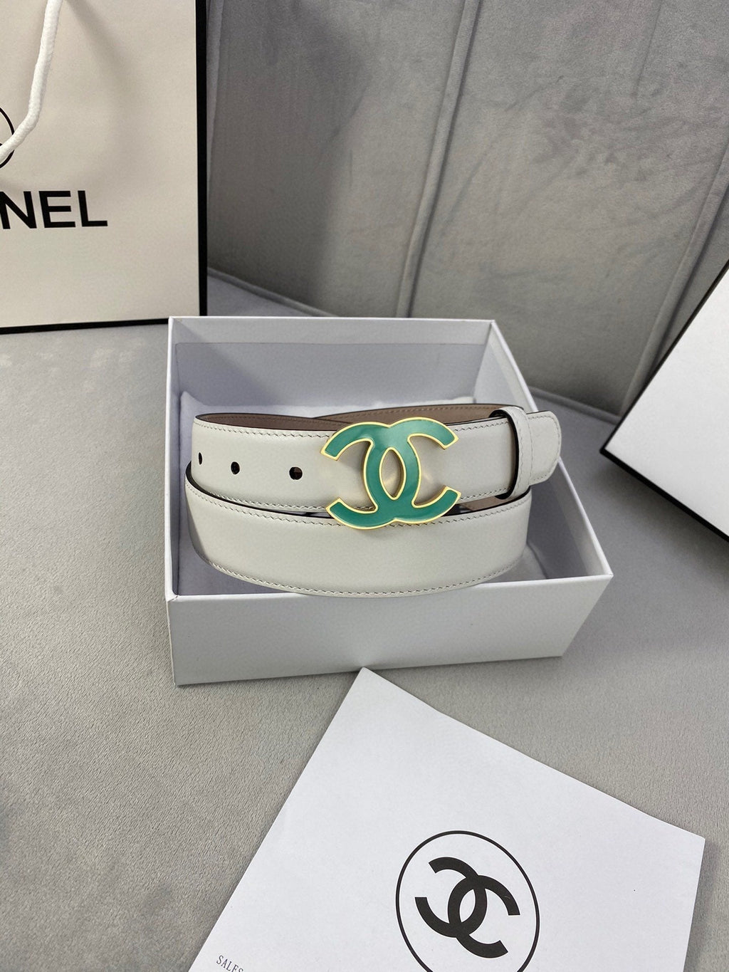 CC BELT 3.0CM BUCKLE BLUE LEATHER WHITE