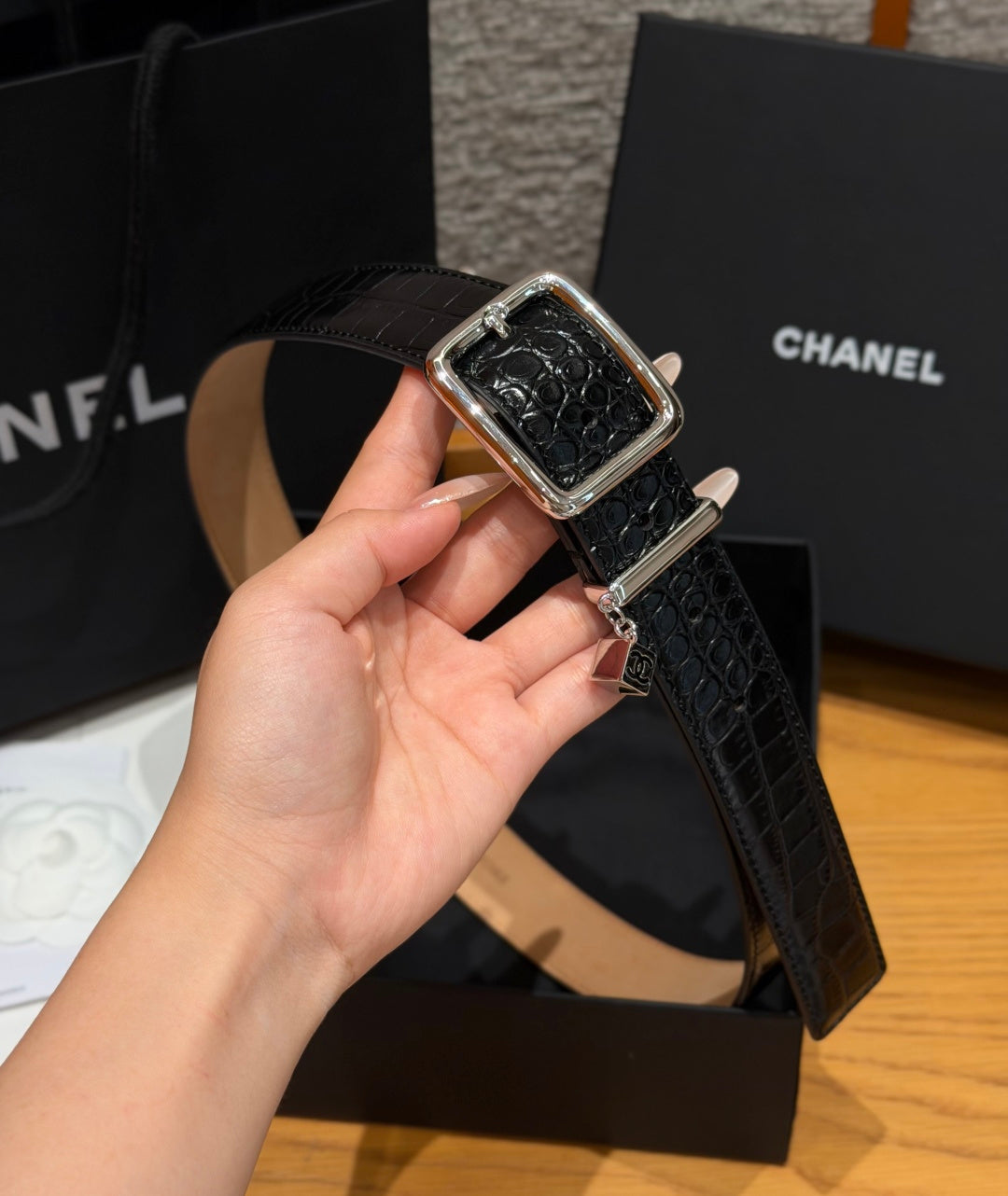 CC 3.0cm 2026 Métiers d'art Belt Black Crocodile Embossed Calfskin 209289