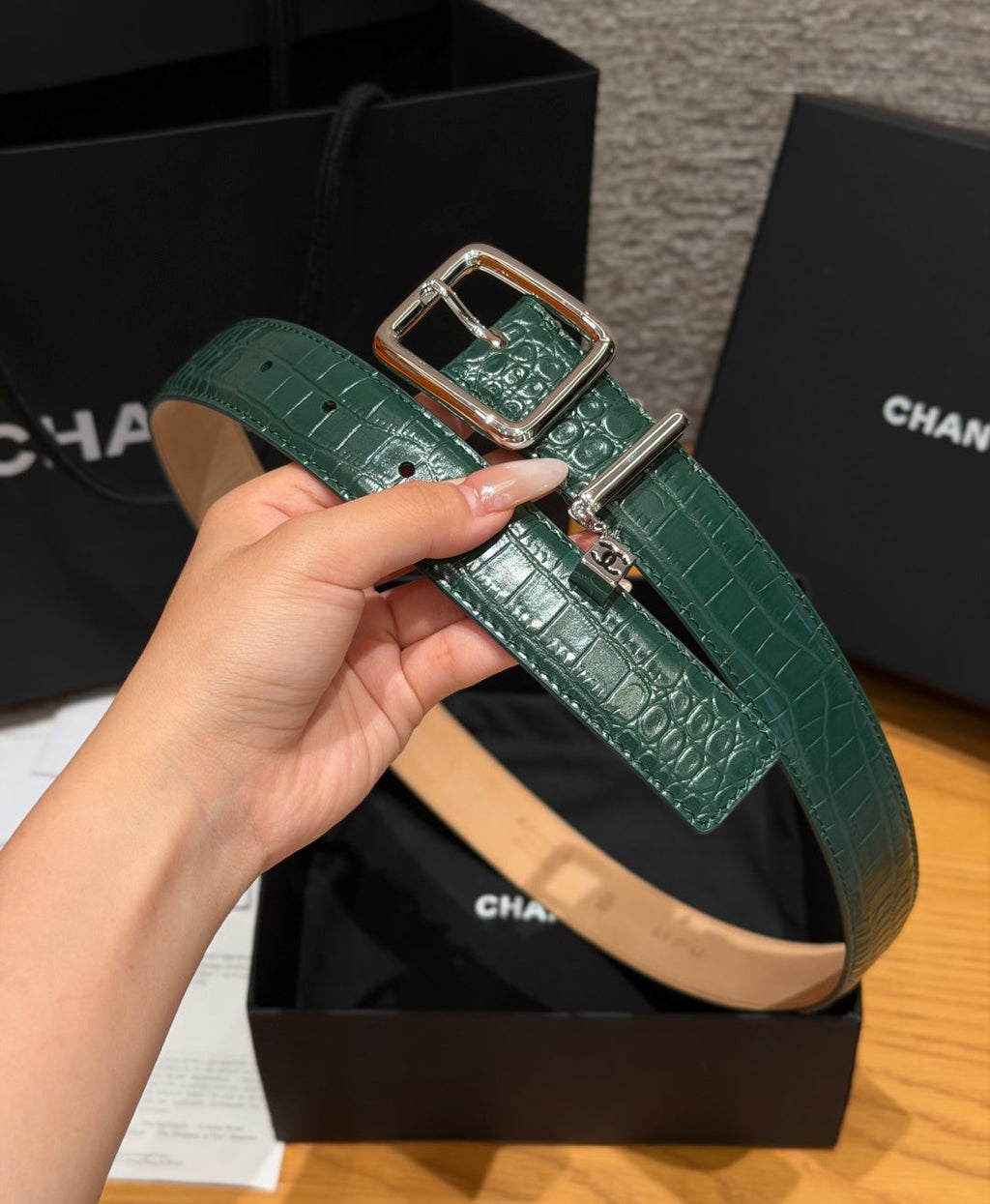 CC 3.0cm 2026 Métiers d'art Belt Green Crocodile Embossed Calfskin 209287