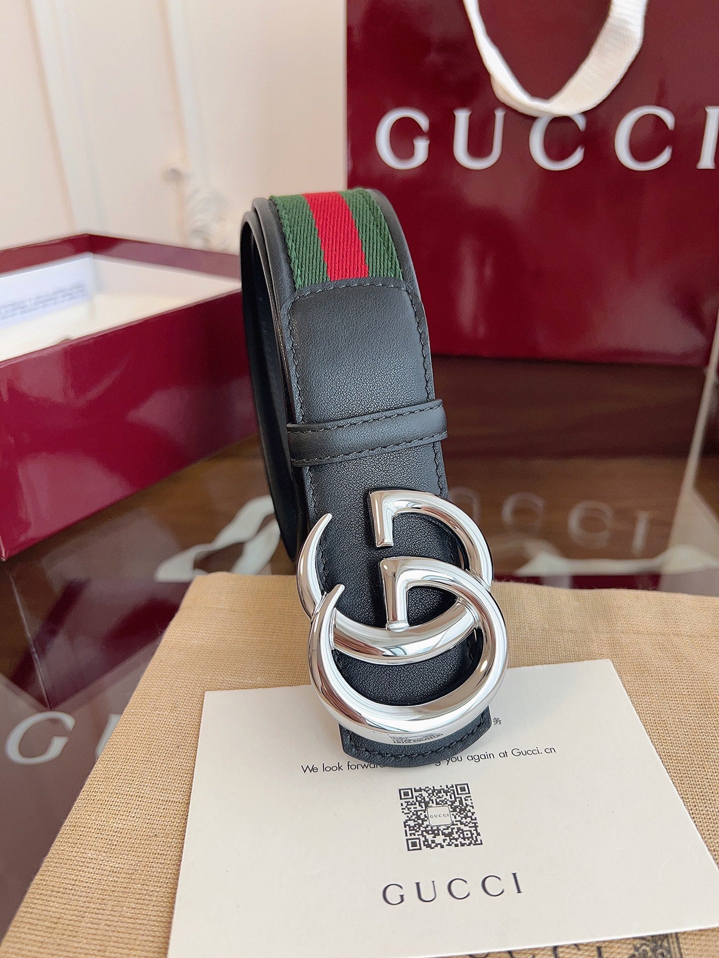 Gucci Belt Double GSliver Buckle 40mm Black Leather With Green Red Canvas