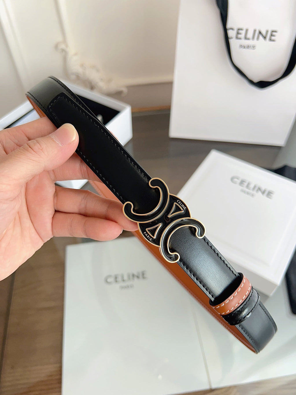 CL Black 25mm Triomphe Enamel Black Orange Cowhide 615281