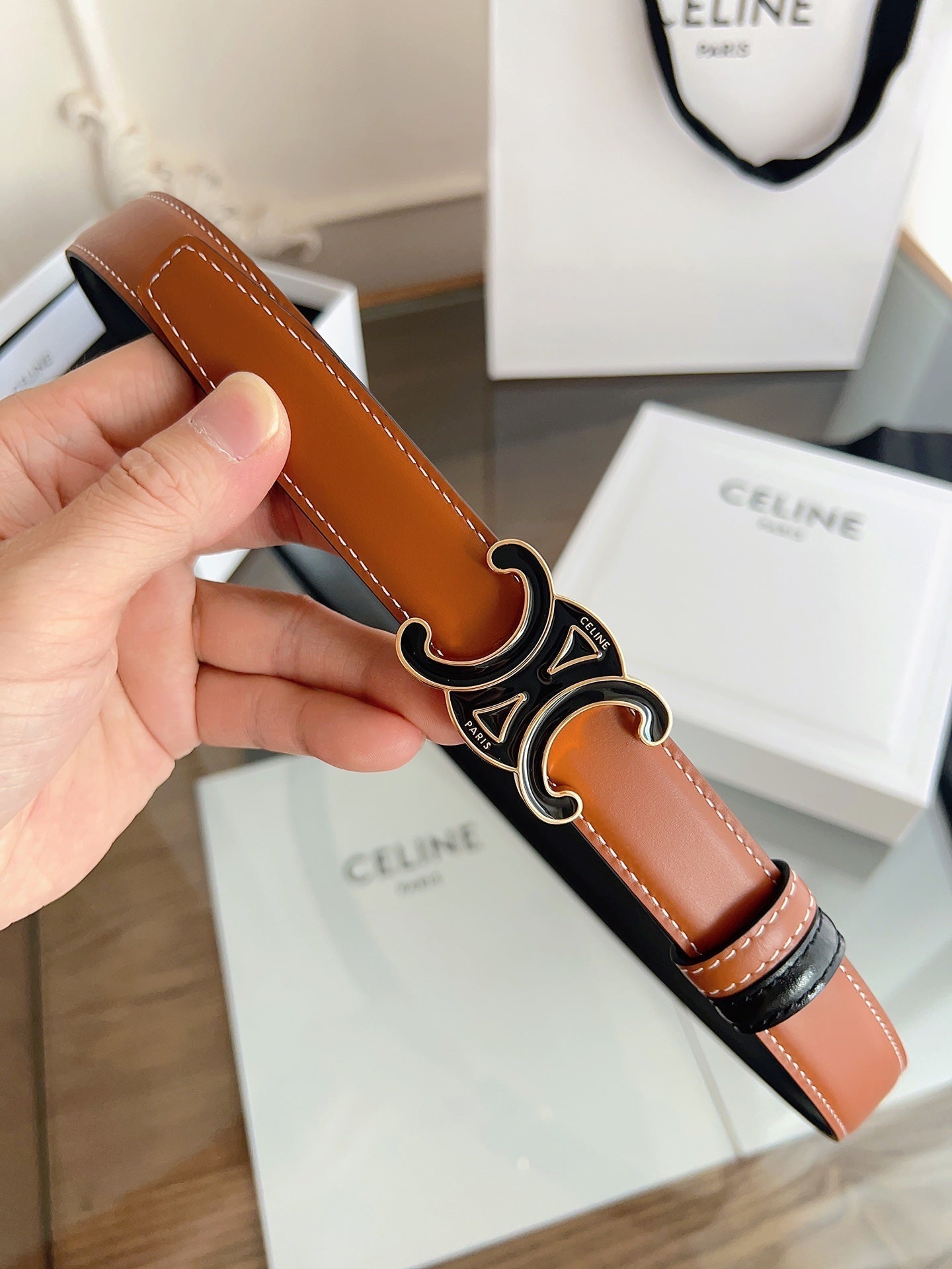 CL Black 25mm Triomphe Enamel Black Orange Cowhide 615281