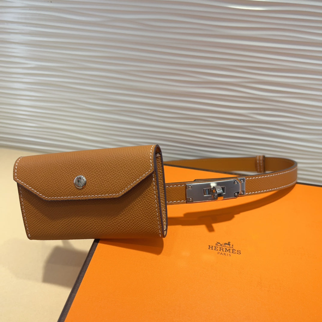 HM KELLY POCKET 18MM BELT CINNAMON BROWN LEATHER SILVER HARDWARE
