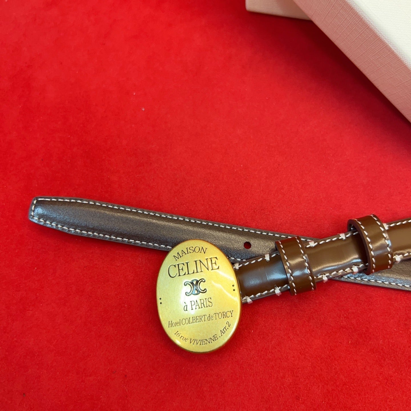 Celine Teen Maison Belt 2.5cm Coffee Gold Patent Calfskin 201443