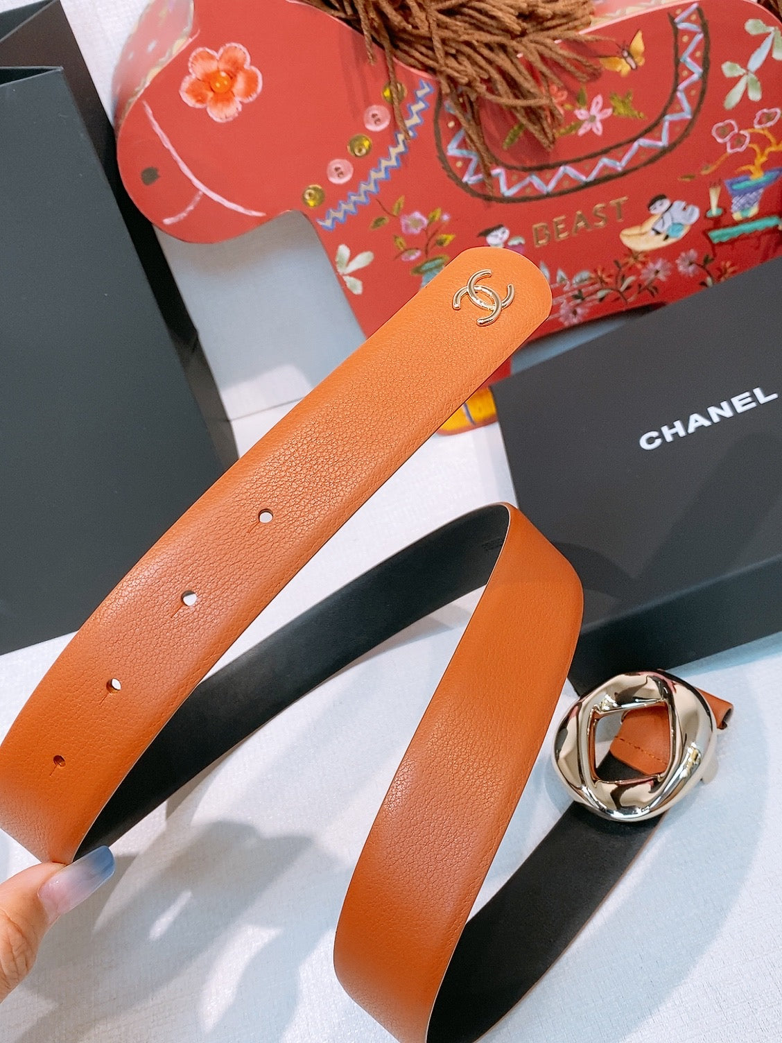 CC Pre 26s Belt 3.0cm Orange Light Gold Calfskin 203376