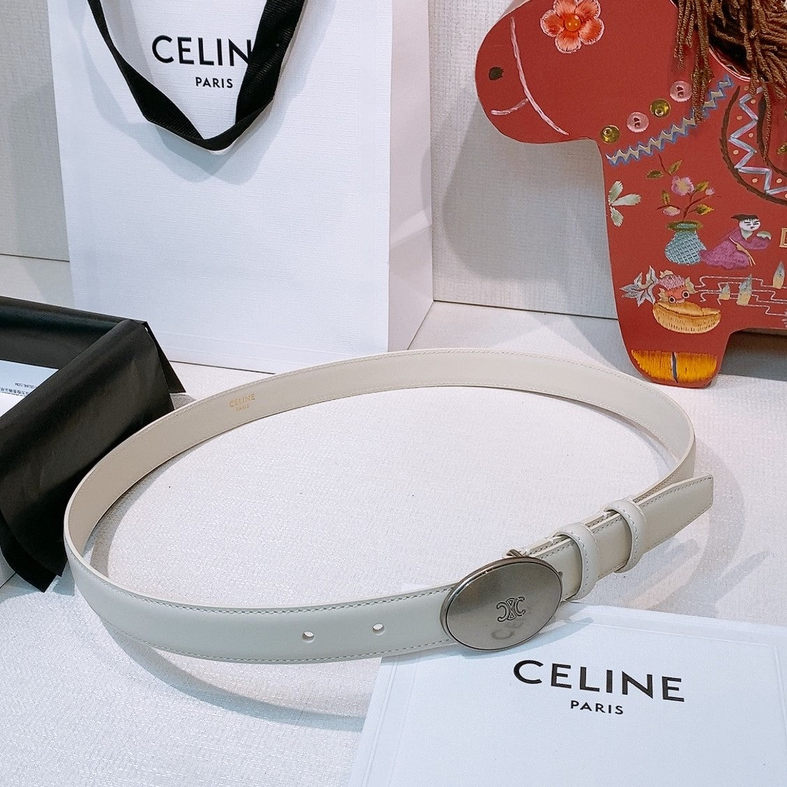 Celine Triomphe Oval Belt 2.5cm White Sliver Calfskin 203770