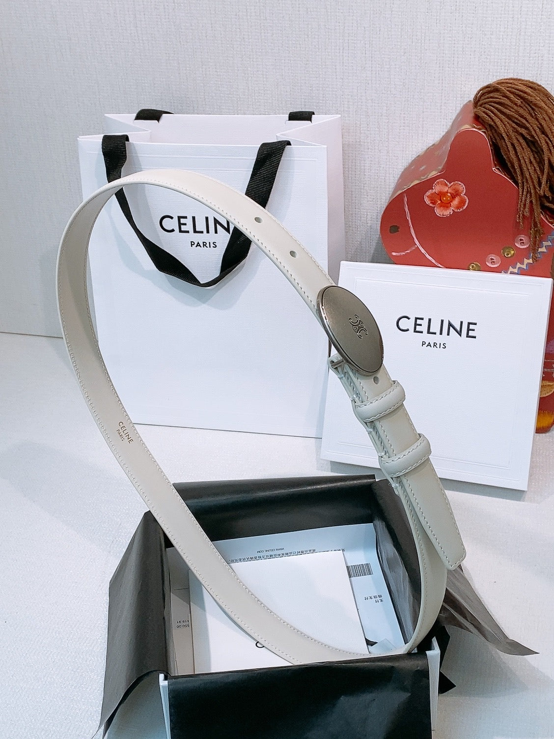Celine Triomphe Oval Belt 2.5cm White Sliver Calfskin 203770