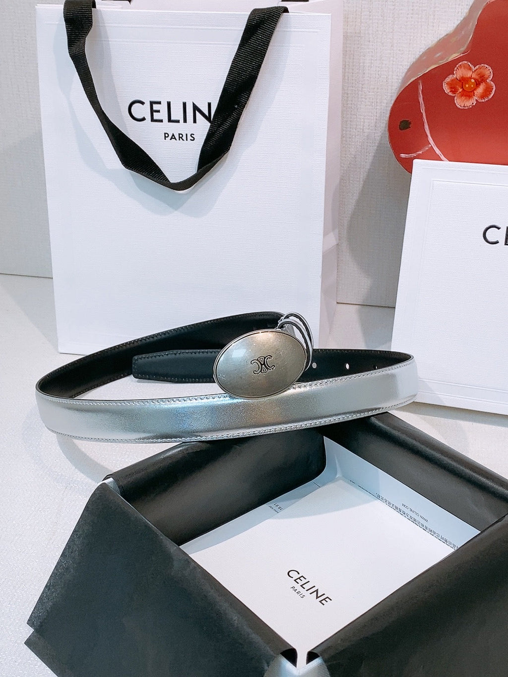 Celine Triomphe Oval Belt 2.5cm Sliver Calfskin 203769