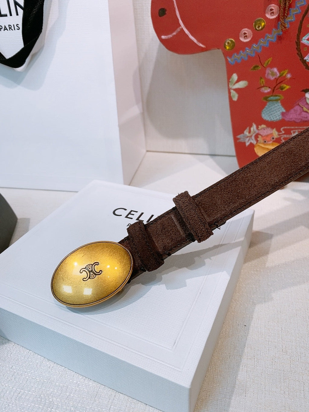 Celine Triomphe Oval Belt 2.5cm Coffee Gold Calfskin 203768