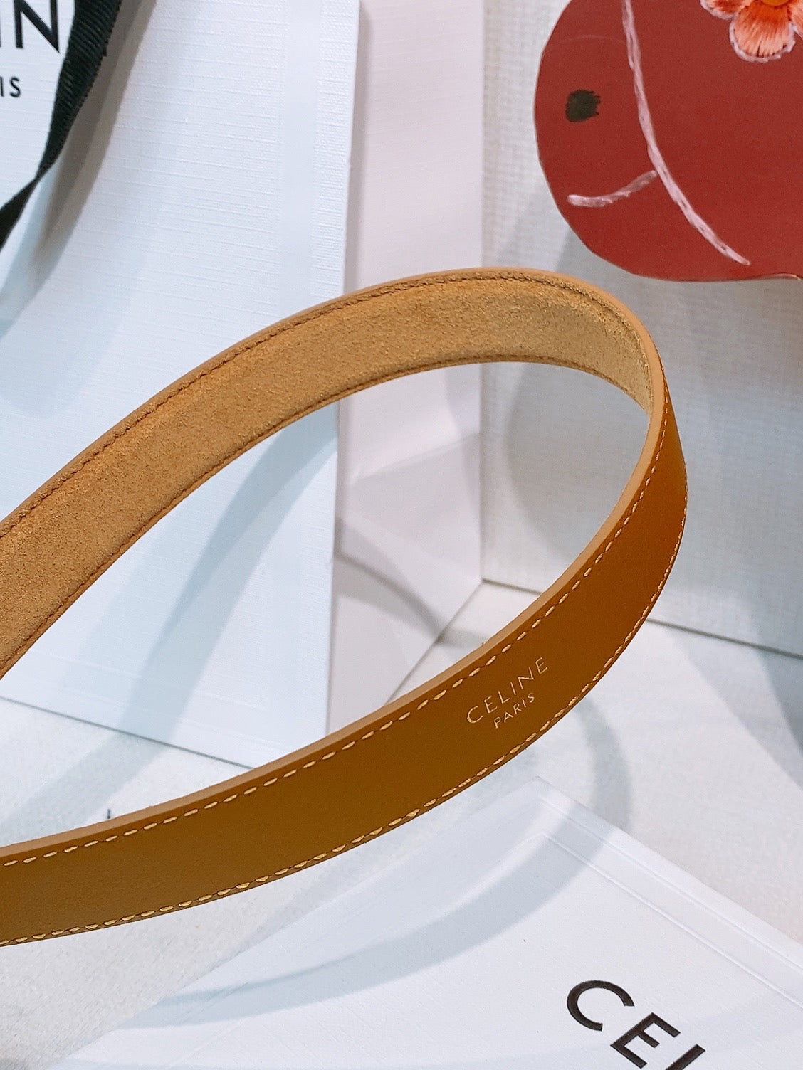 Celine Triomphe Oval Belt 2.5cm Tan Brown Suede 203767