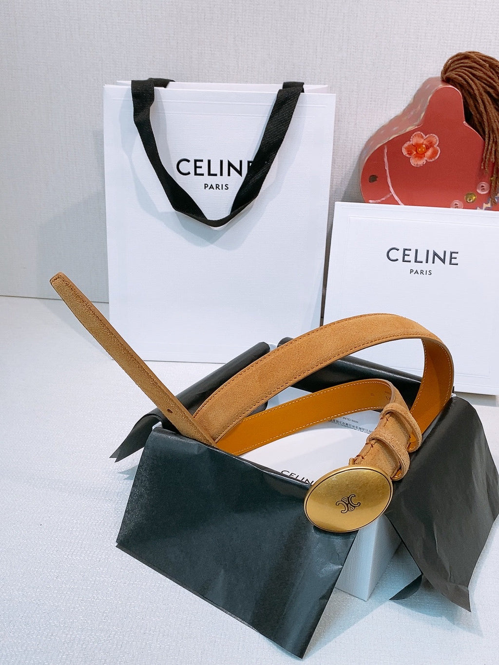 Celine Triomphe Oval Belt 2.5cm Tan Brown Suede 203767