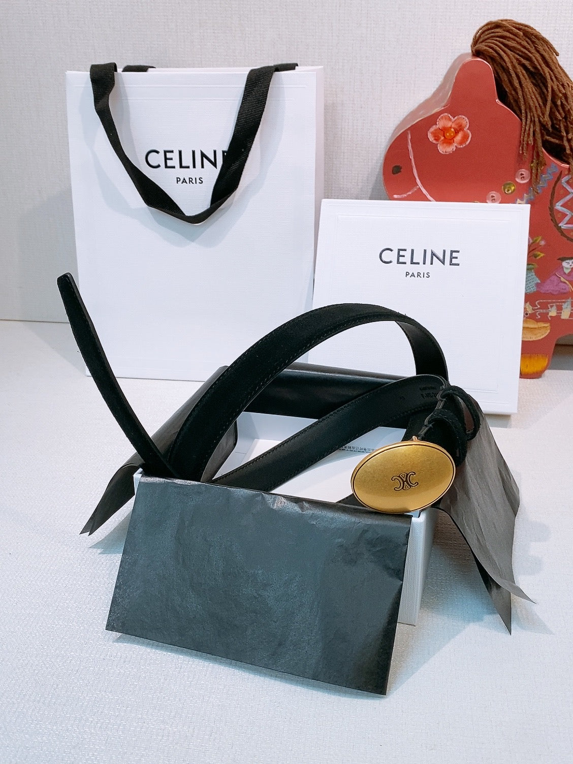 Celine Triomphe Oval Belt 2.5cm Black Gold Calfskin 203766