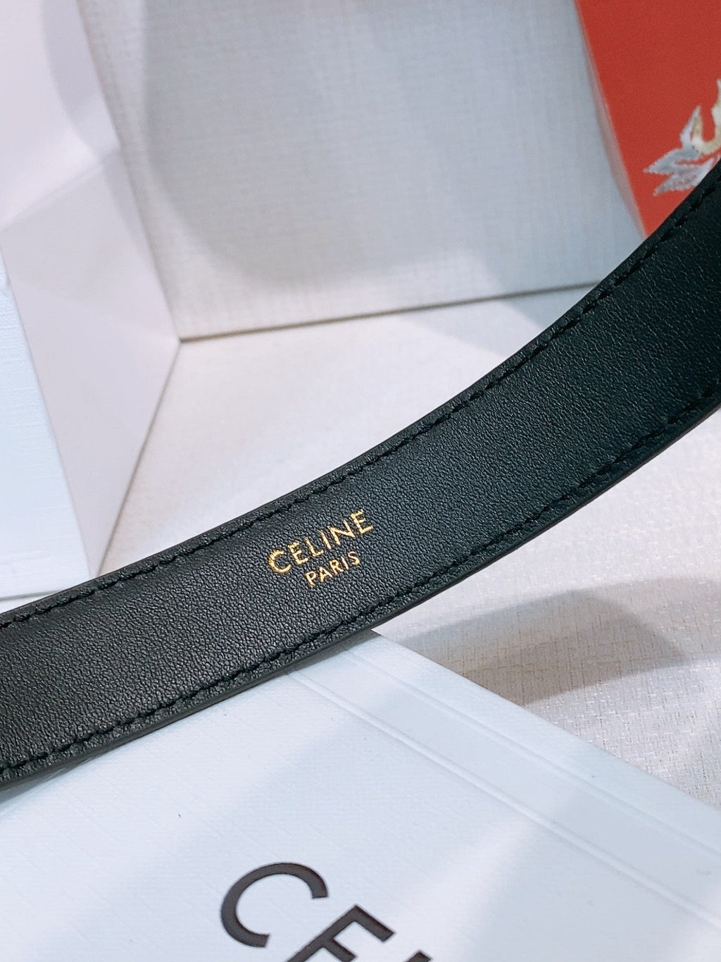 Celine Triomphe Oval Belt 2.5cm Black Gold Calfskin 203766