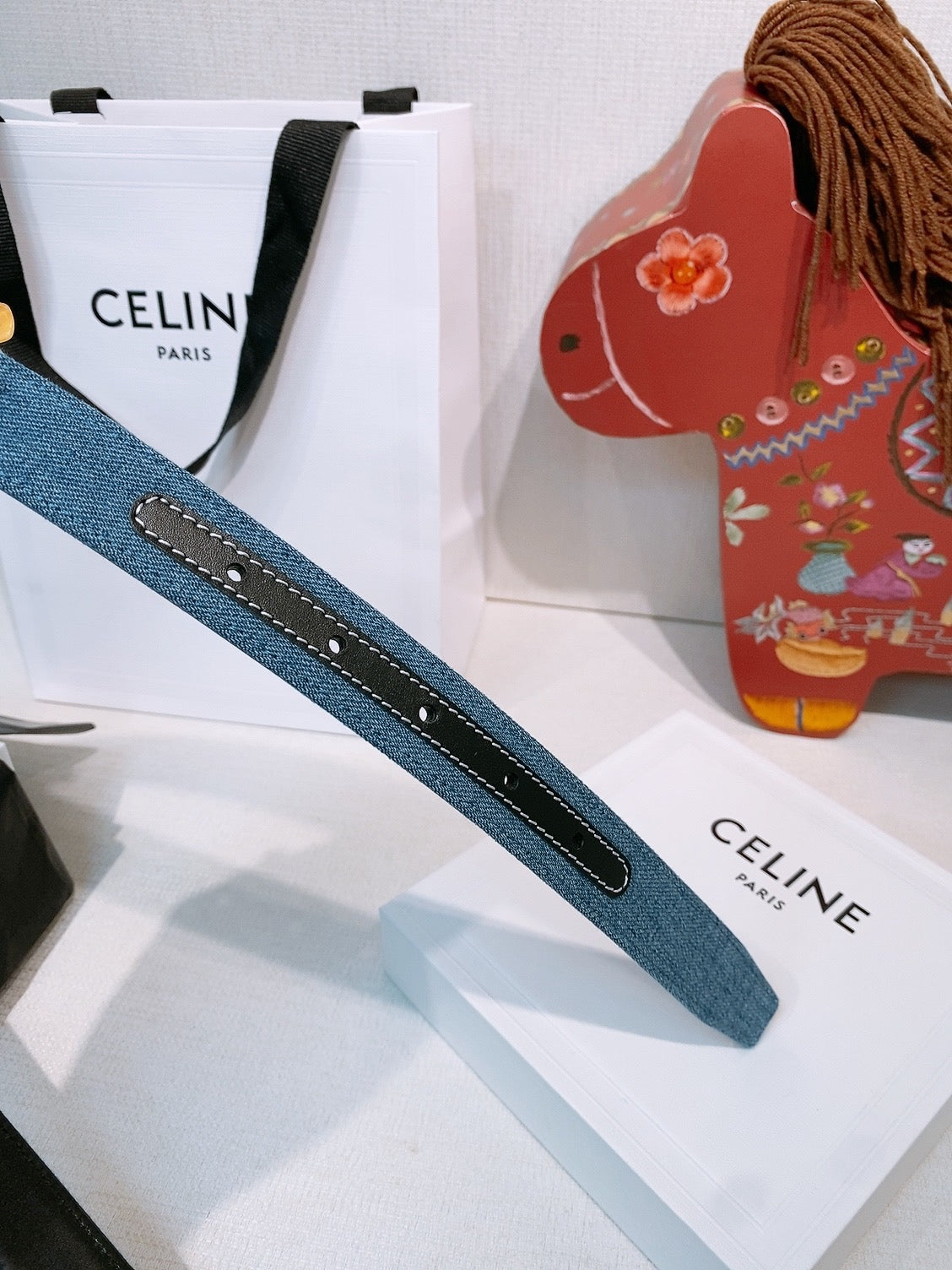 Celine Triomphe Oval Belt 2.5cm Blue Gold Denim 203765