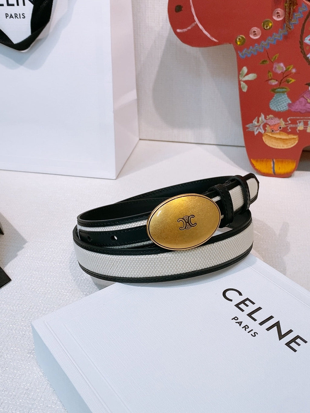 Celine Triomphe Oval Belt 2.5cm White Gold Canvas 203764