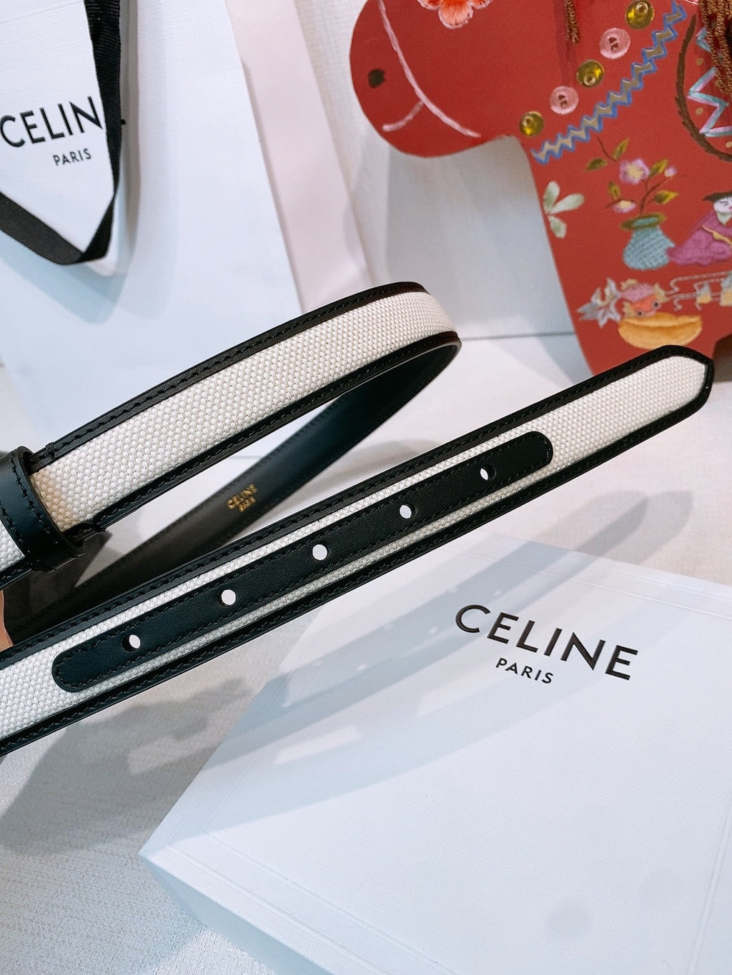 Celine Triomphe Oval Belt 2.5cm White Gold Canvas 203764