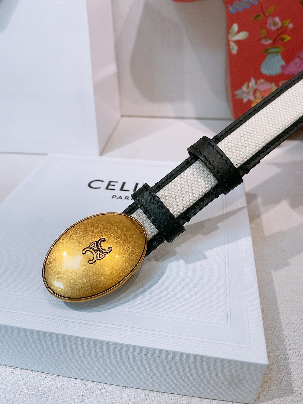 Celine Triomphe Oval Belt 2.5cm White Gold Canvas 203764