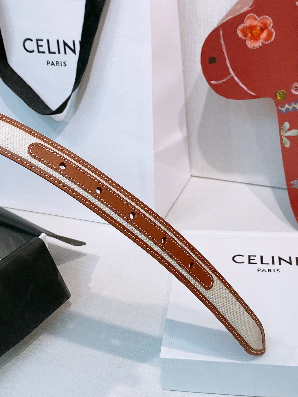 Celine Triomphe Oval Belt 2.5cm Brown White Gold Canvas 203763
