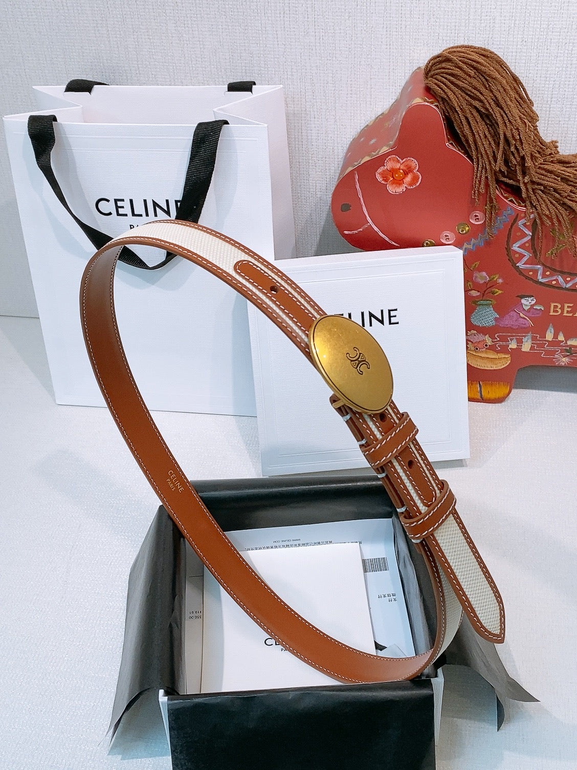 Celine Triomphe Oval Belt 2.5cm Brown White Gold Canvas 203763