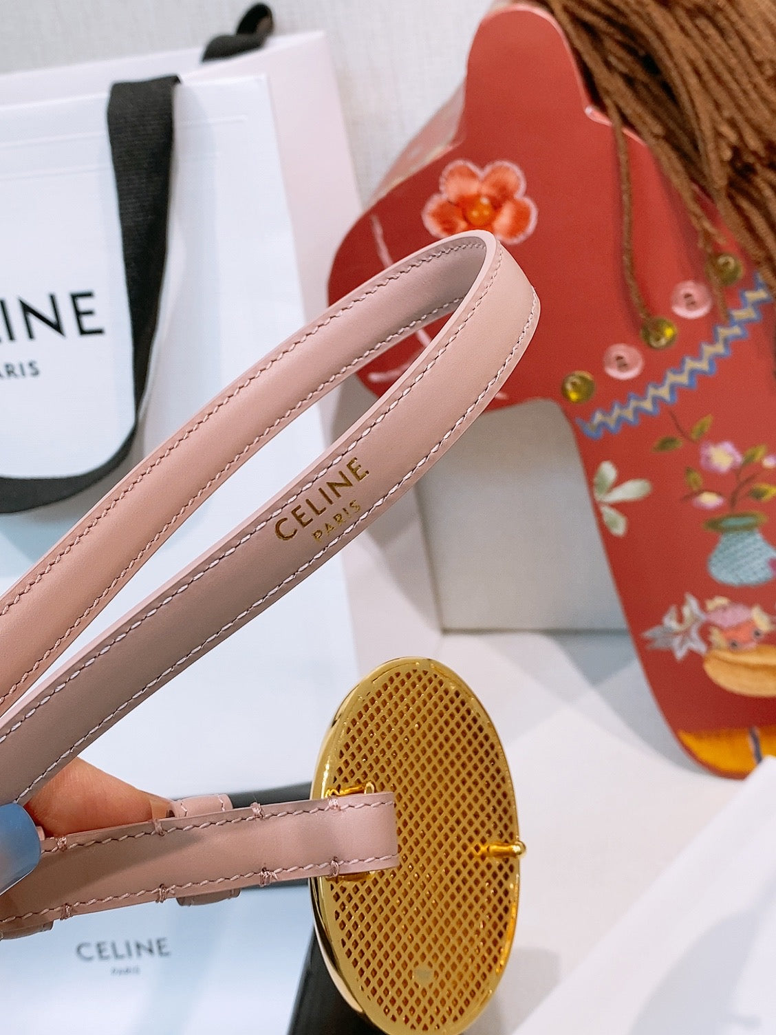 Celine Teen Maison Belt 1.3cm Light Pink Gold Calfskin 203748
