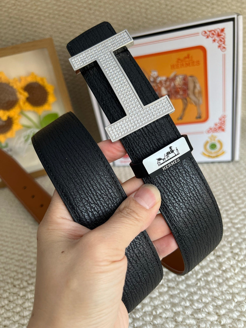 HM Belt 38mm Black Brown Cowhide Sliver Diamond Buckle 618967