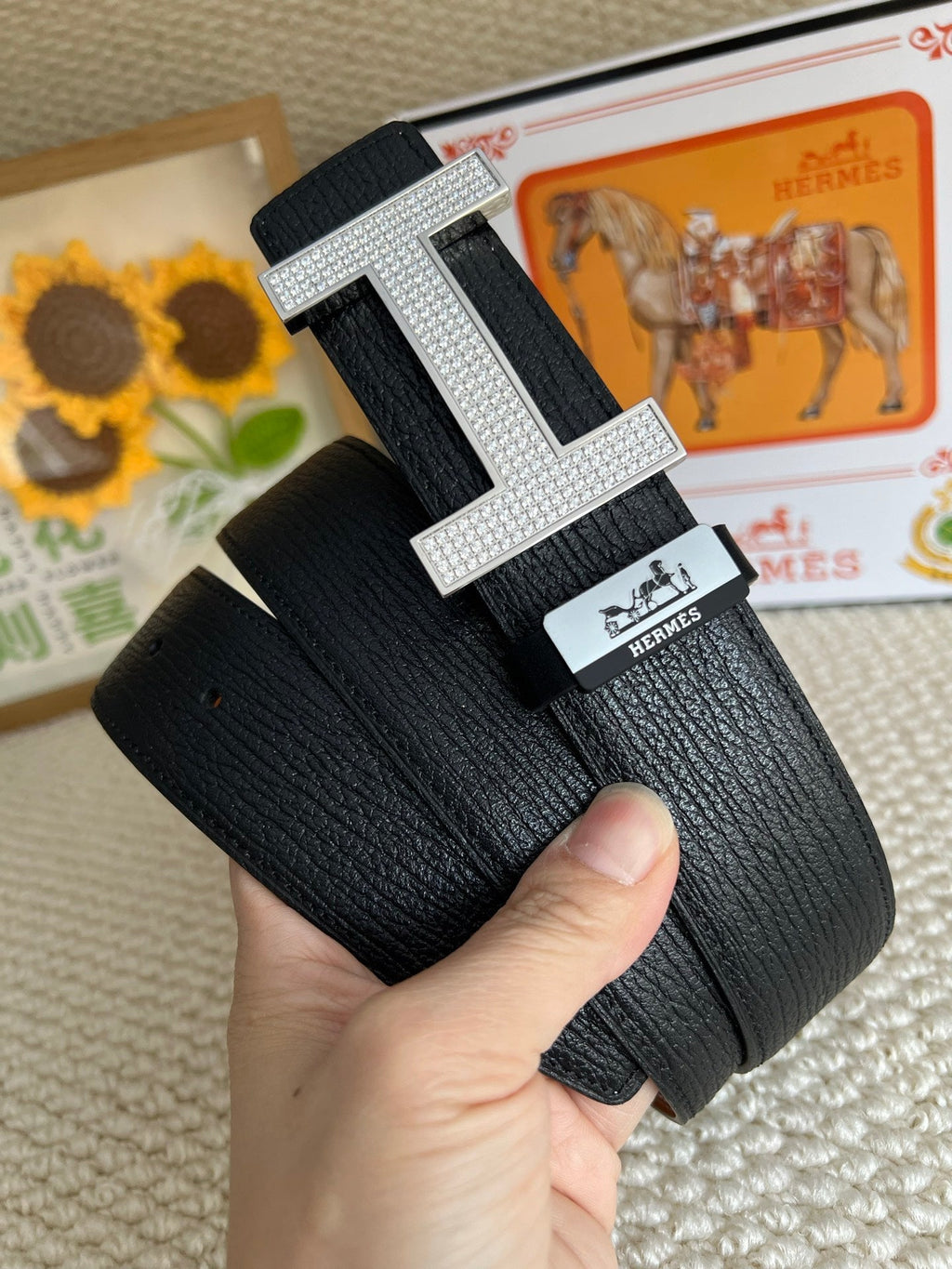 HM Belt 38mm Black Brown Cowhide Sliver Diamond Buckle 618967