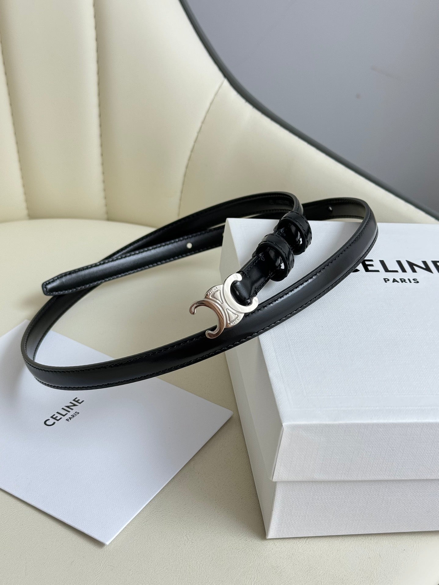 CEL Silver Buckle 13mm Belt Black Cowhide 179726