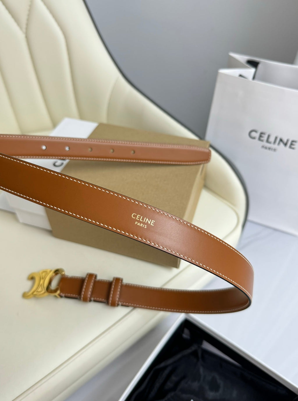 MEDIUM TRIOMPHE BELT 25MM BRONZE BROWN LEATHER GOLD HARDWARE