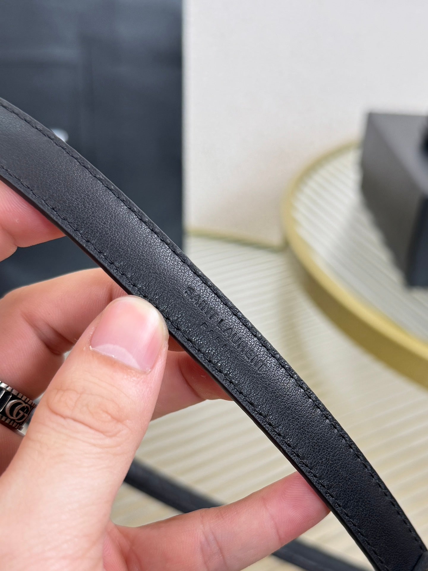 YSL 1.5 Sliver Oval Buckle Belt Black Embossed Leather 200476