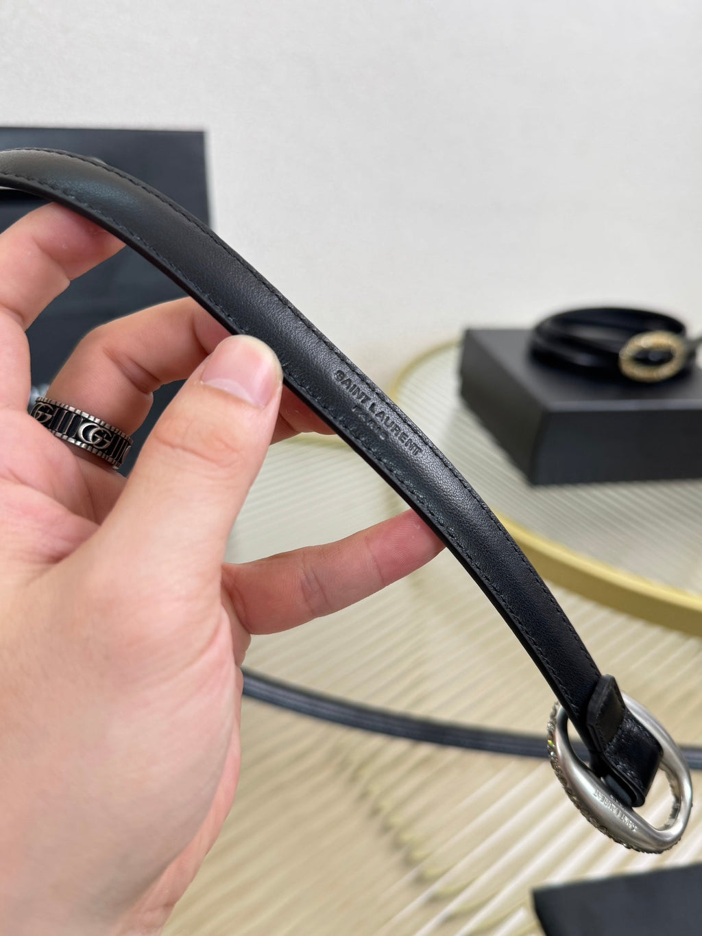 YSL 1.5 Sliver Oval Buckle Belt Black Leather 200474