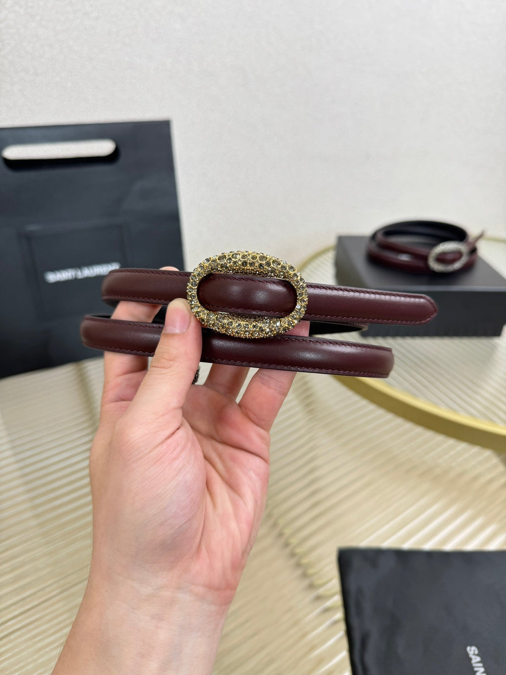 YSL 1.5 Gold Oval Buckle Belt Burgundy Leather
