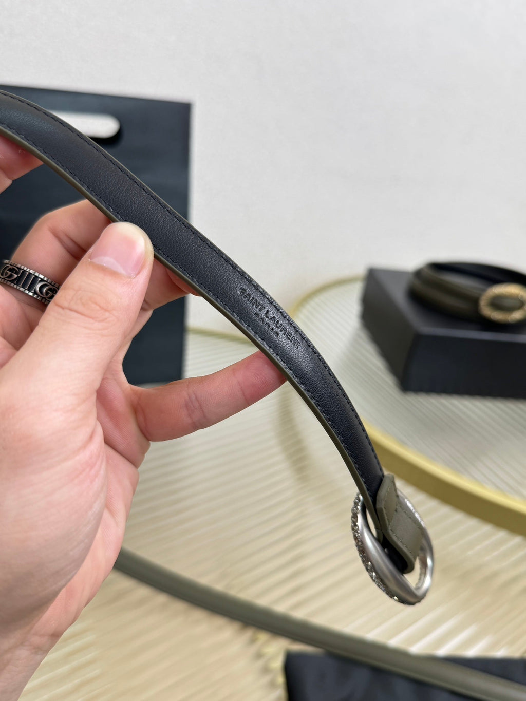 YSL 1.5 Sliver Oval Buckle Belt Olive Green Leather 200478