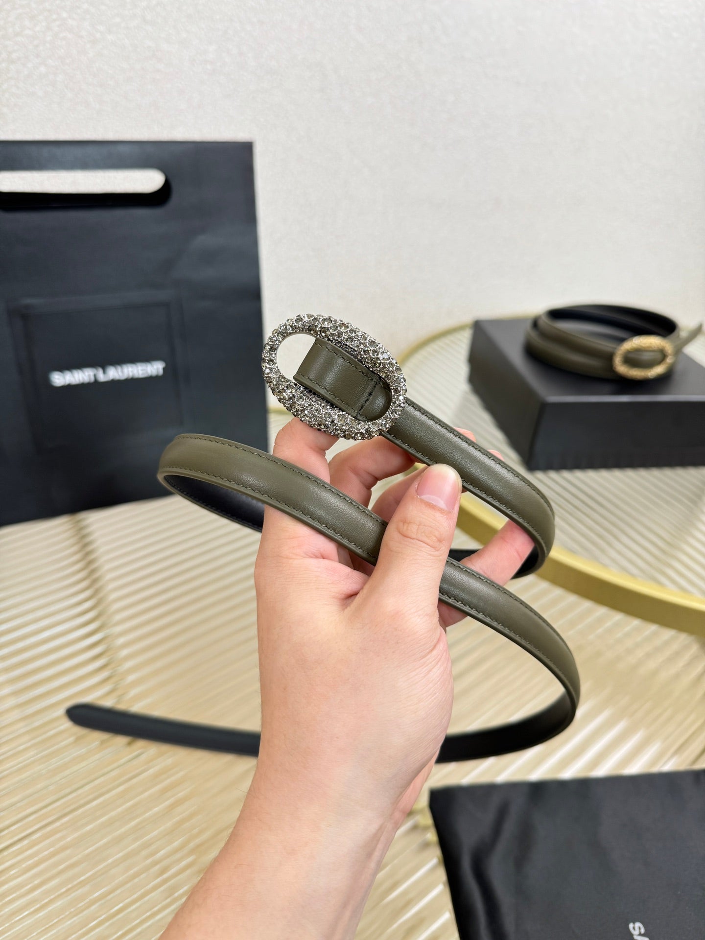 YSL 1.5 Sliver Oval Buckle Belt Olive Green Leather 200478
