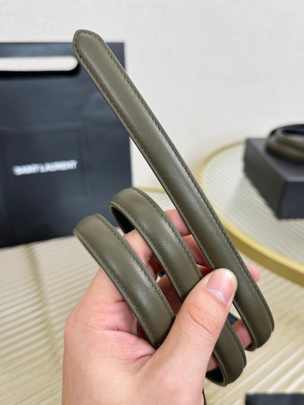YSL 1.5 Sliver Oval Buckle Belt Olive Green Leather 200478