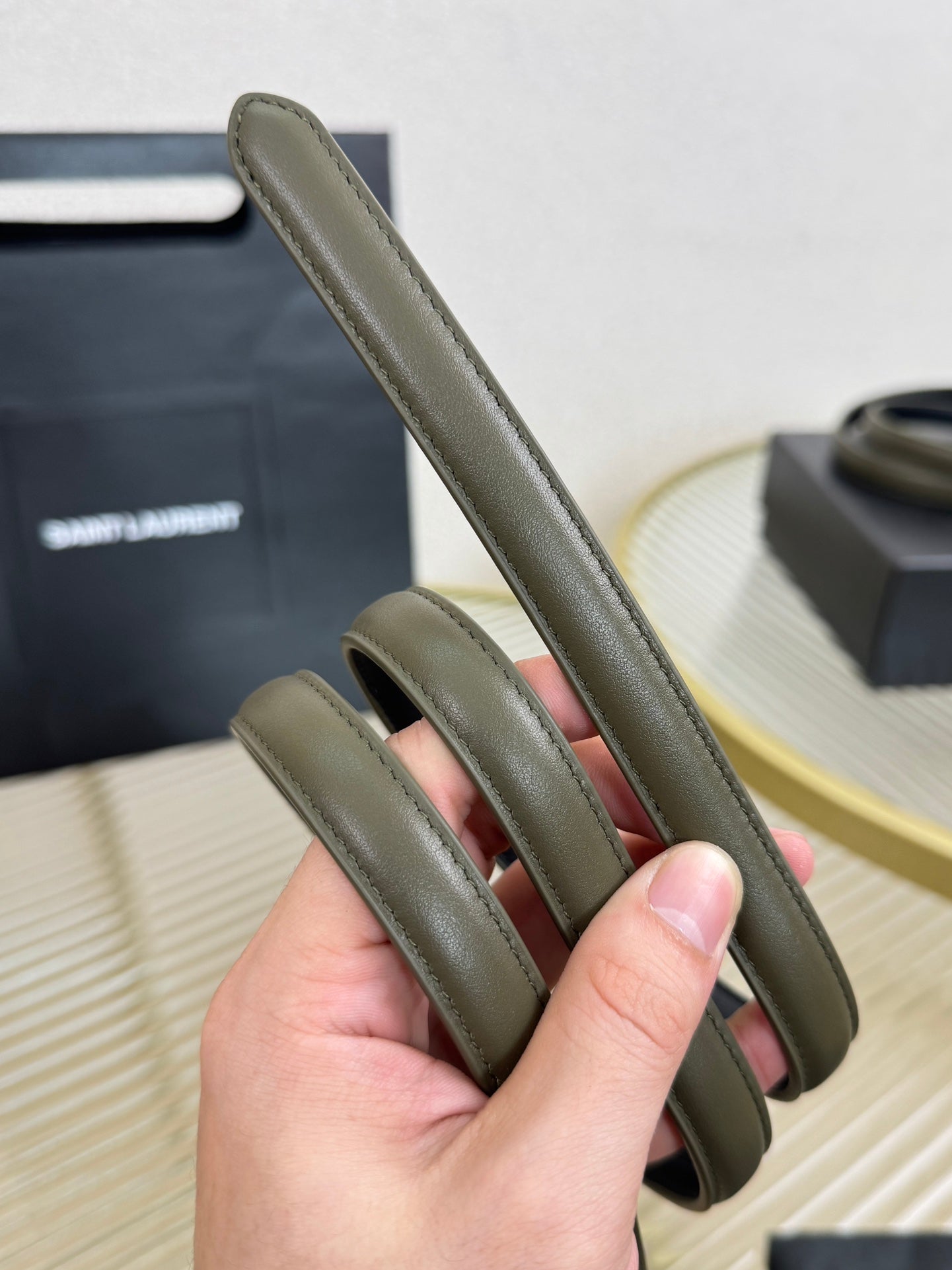 YSL 1.5 Sliver Oval Buckle Belt Olive Green Leather 200478