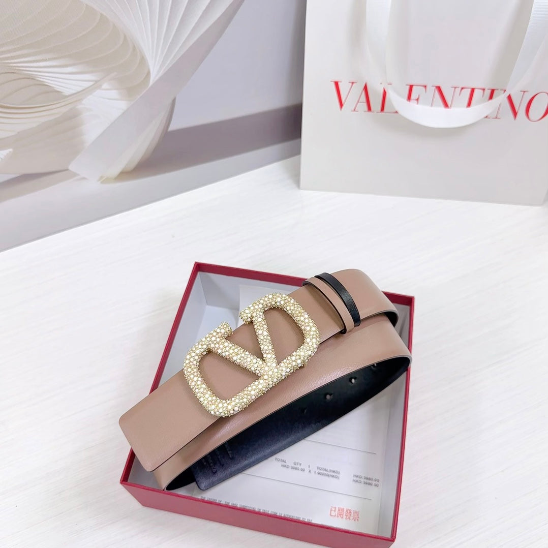 VLOGO SIGNATURE REVERSIBLE BELT 40MM ROSE BLACK GOLD CALFSKIN GOLD PEARL BUCKLE