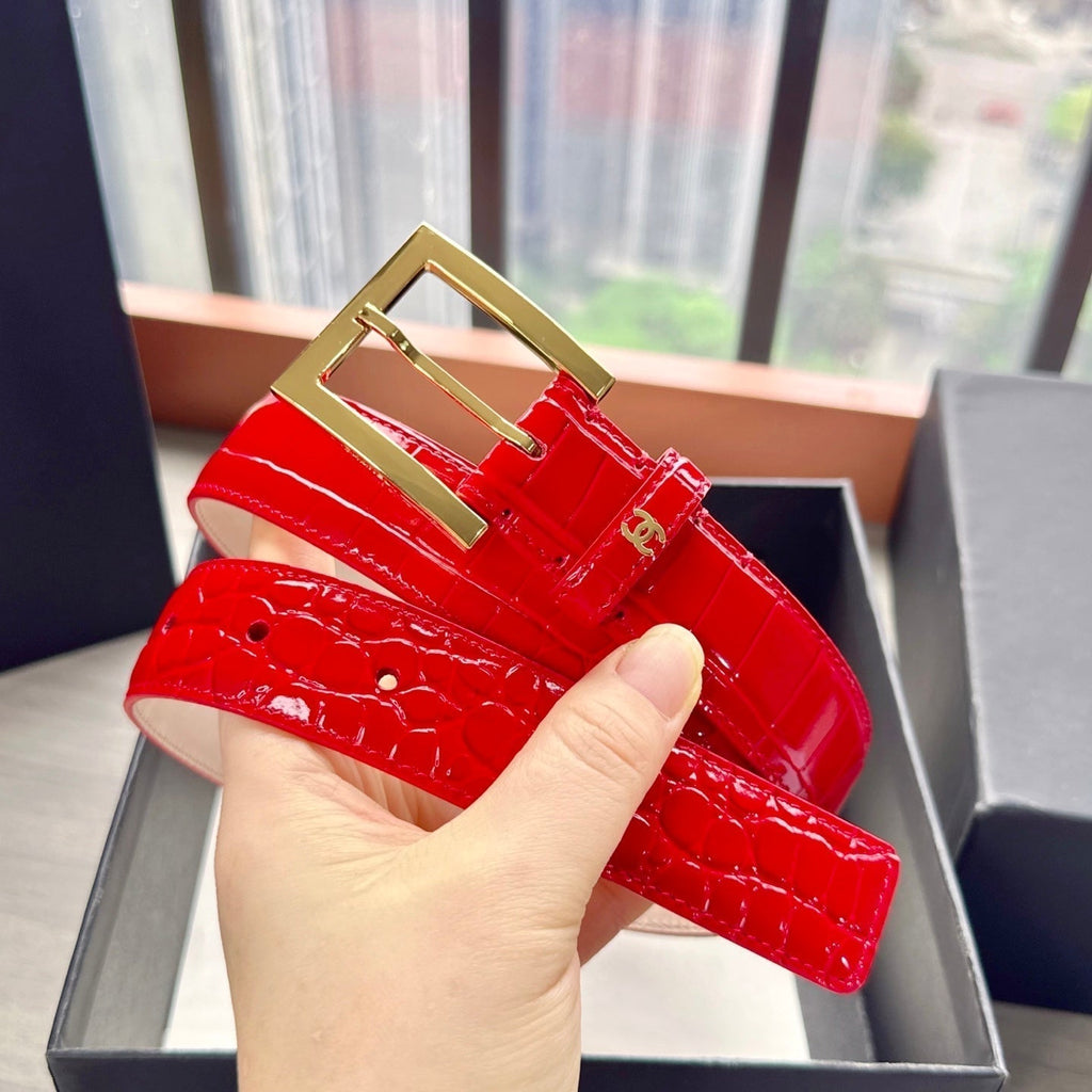 CC Belt 3cm Red Embossed Crocodile Pattern Leather 202936