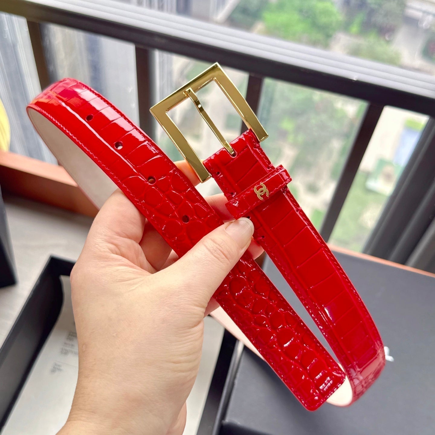 CC Belt 3cm Red Embossed Crocodile Pattern Leather 202936