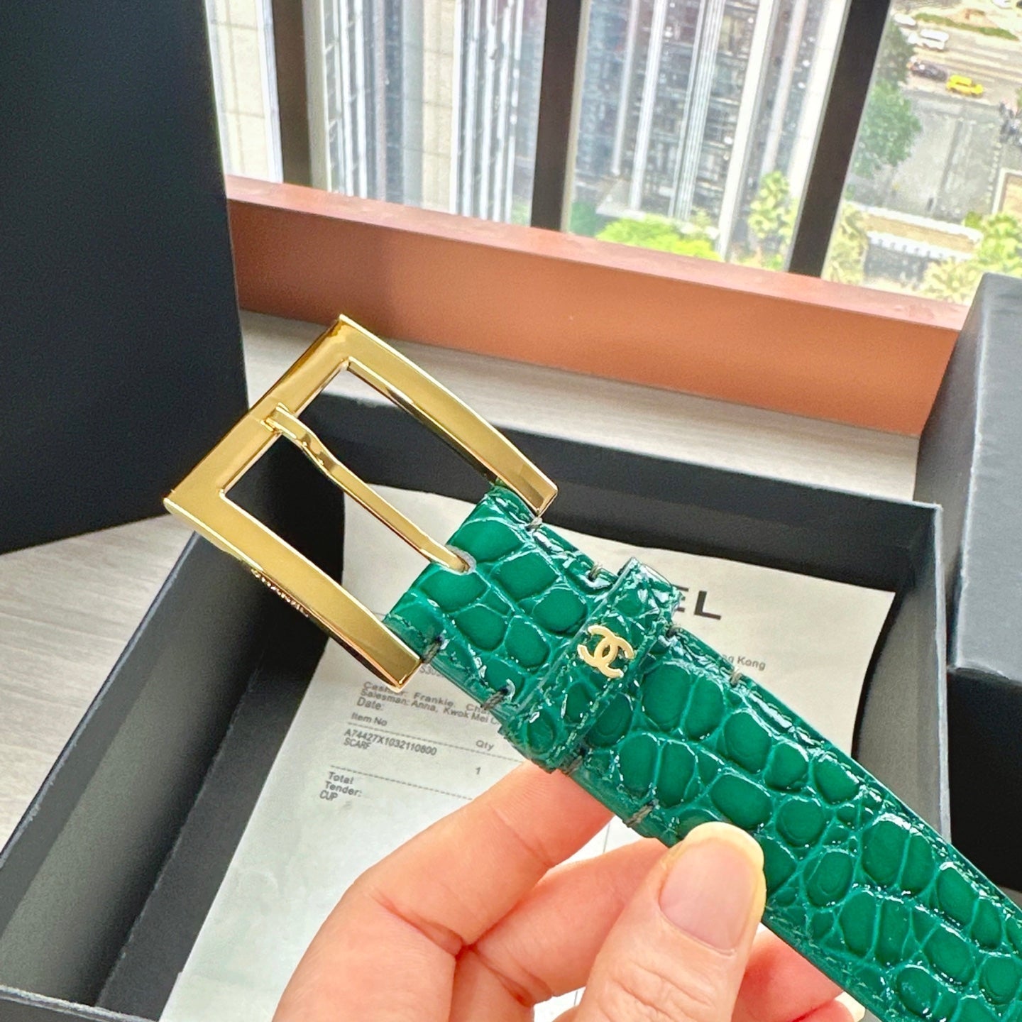 CC Belt 3cm Teal Green Embossed Crocodile Pattern Leather 202935
