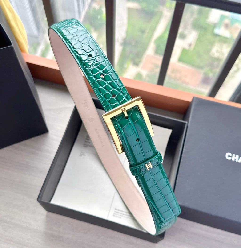 CC Belt 3cm Teal Green Embossed Crocodile Pattern Leather 202935