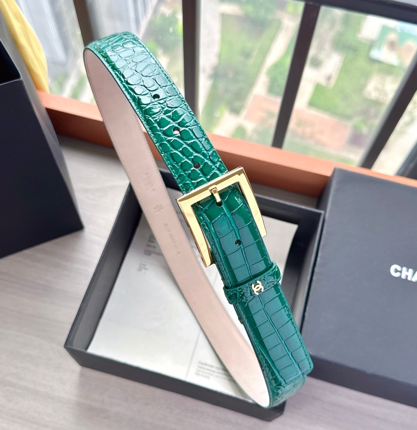 CC Belt 3cm Teal Green Embossed Crocodile Pattern Leather 202935