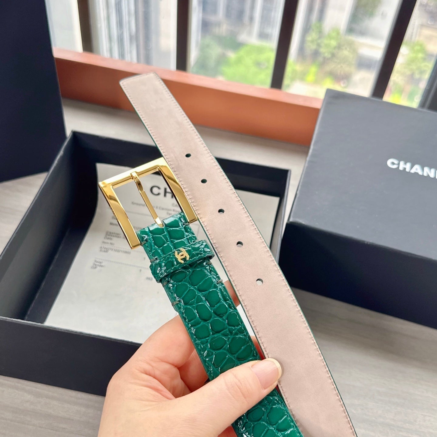 CC Belt 3cm Teal Green Embossed Crocodile Pattern Leather 202935