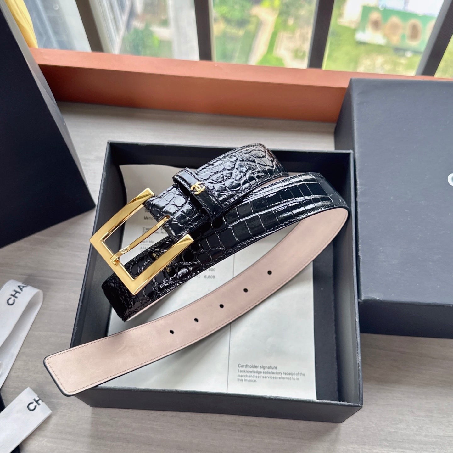 CC Belt 3cm Black Embossed Crocodile Pattern Leather 202934