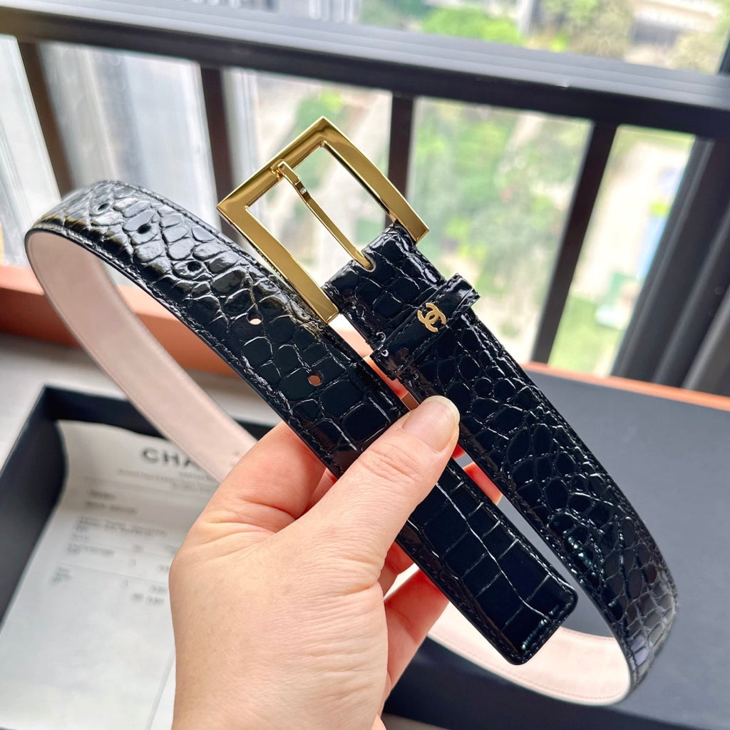 CC Belt 3cm Black Embossed Crocodile Pattern Leather 202934