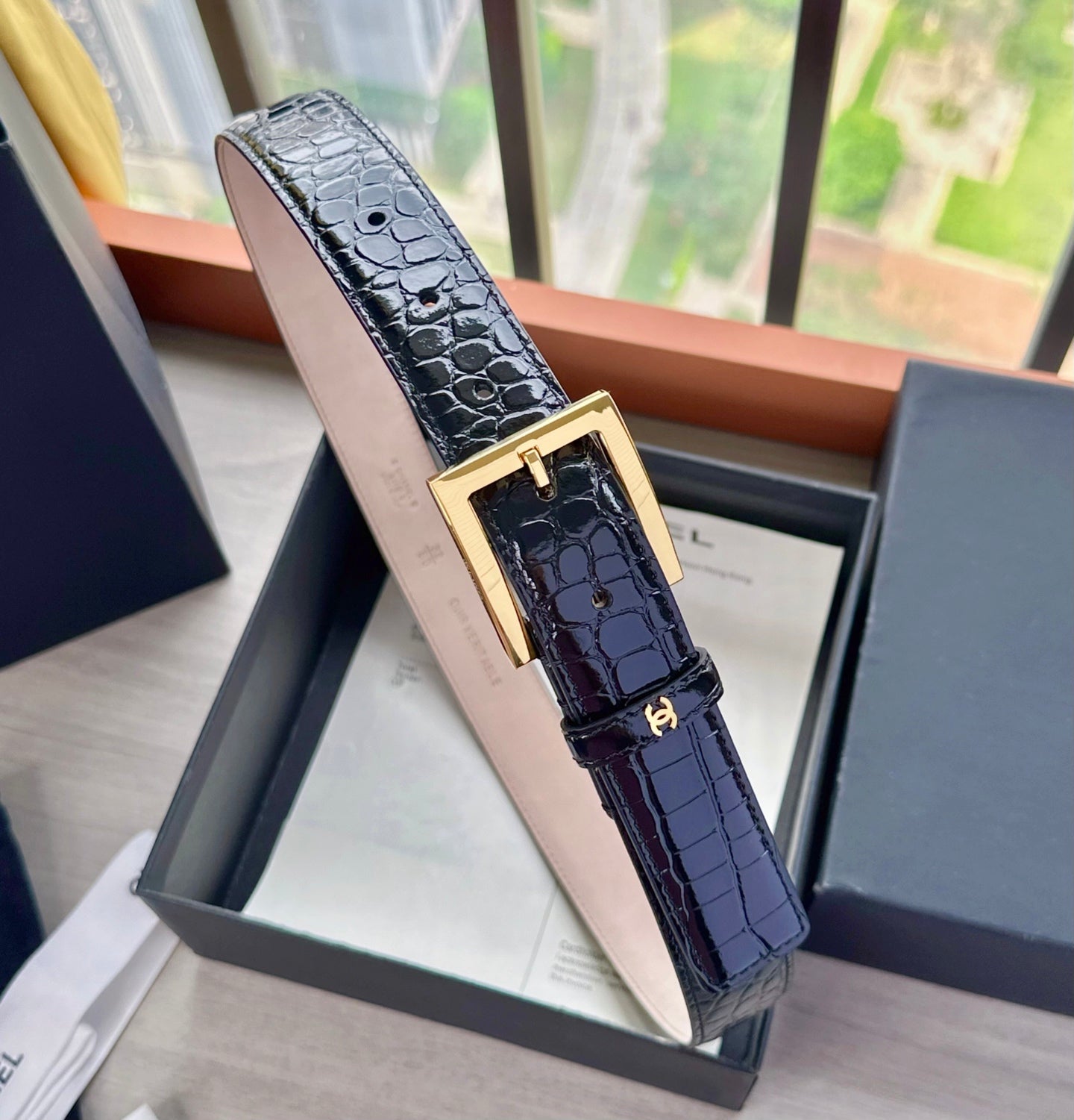 CC Belt 3cm Black Embossed Crocodile Pattern Leather 202934