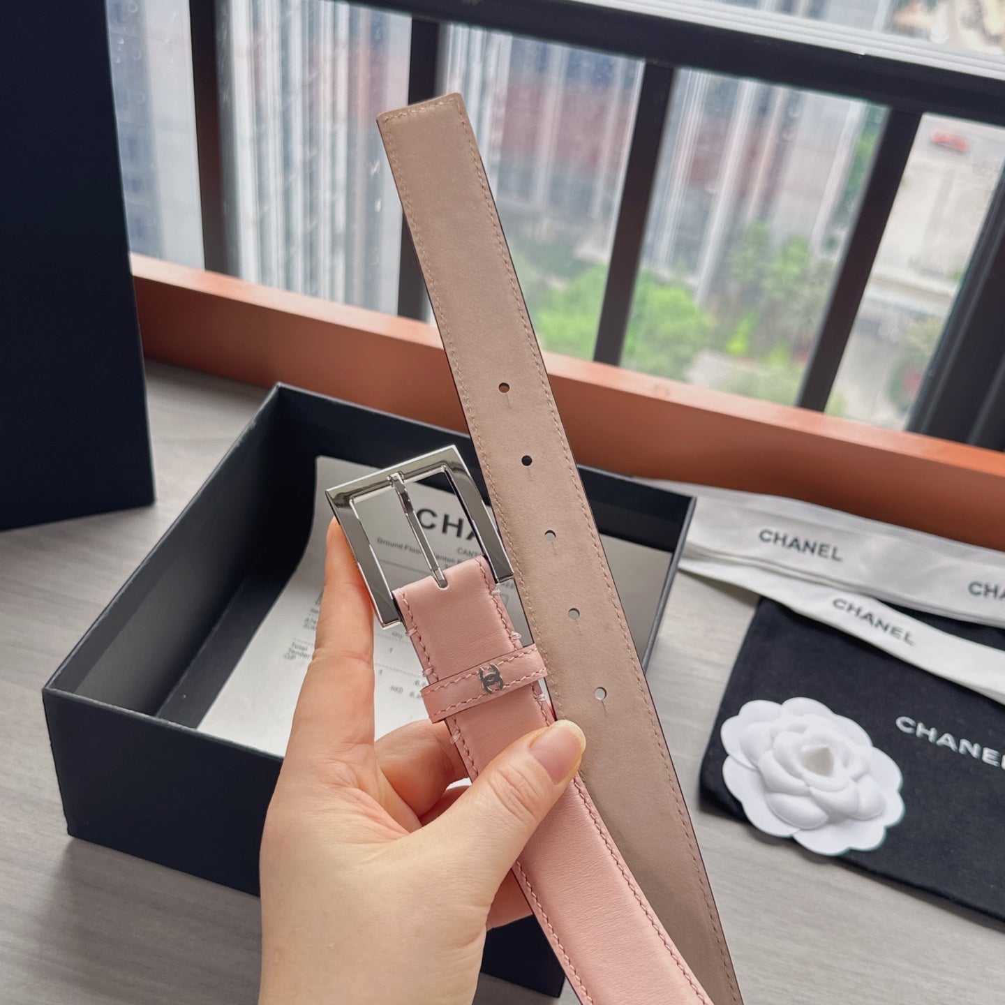 CC Belt 3cm Light Pink Sliver Cowhide 202807