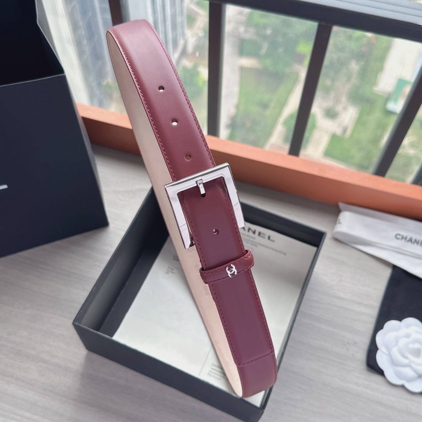 CC Belt 3cm Burgundy Sliver Cowhide 202809
