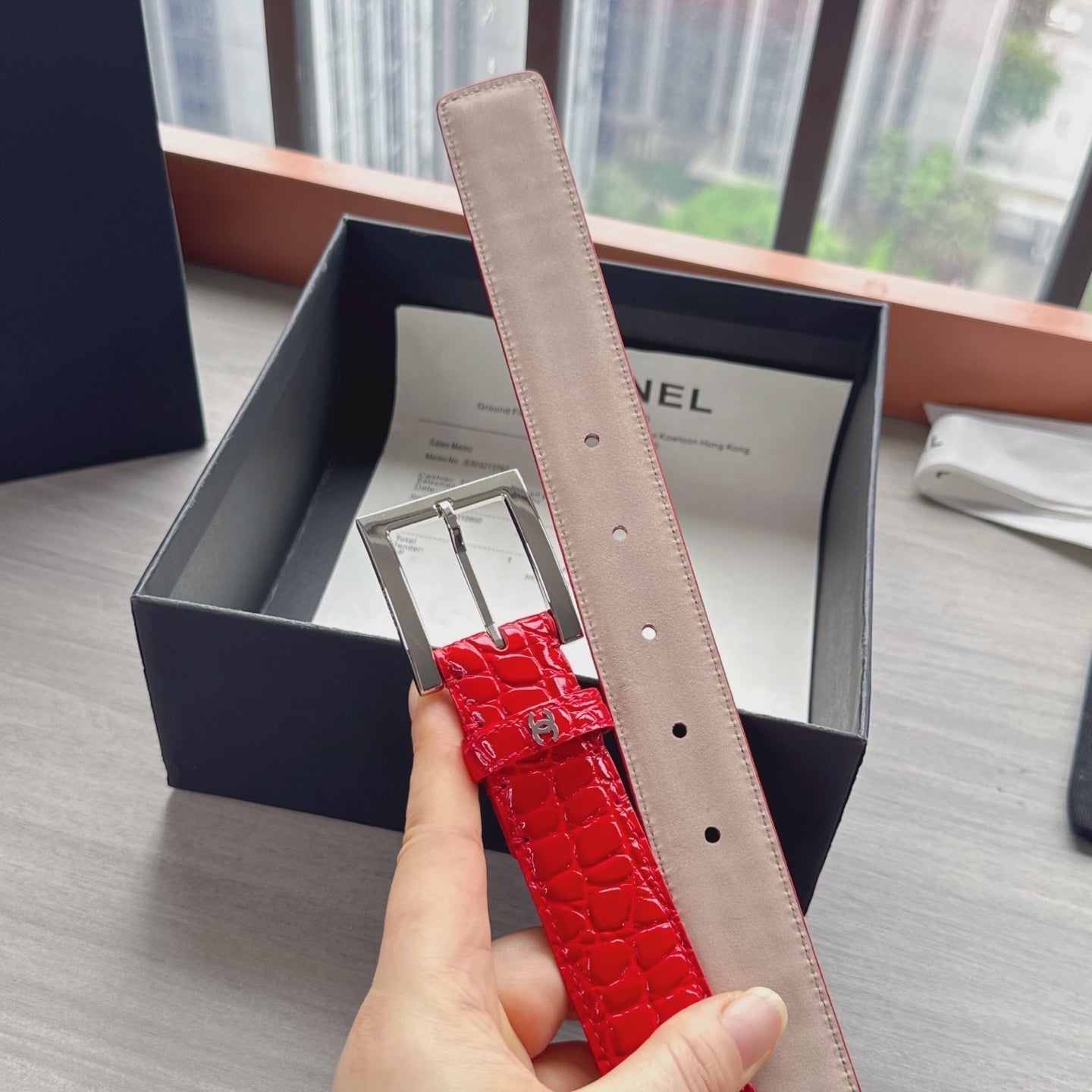 CC Belt 3cm Red Sliver Embossed Crocodile Pattern Leather 202811