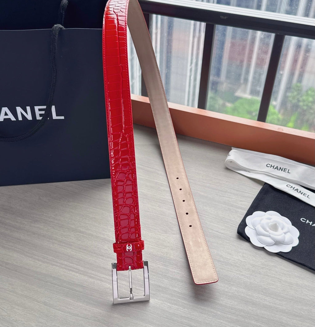 CC Belt 3cm Red Sliver Embossed Crocodile Pattern Leather 202811