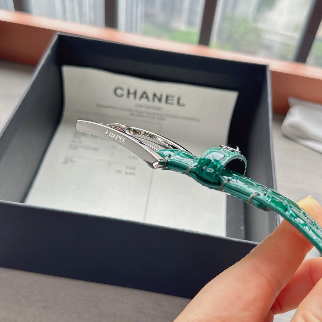 CC Belt 3cm Teal Green Sliver Embossed Crocodile Pattern Leather 202812